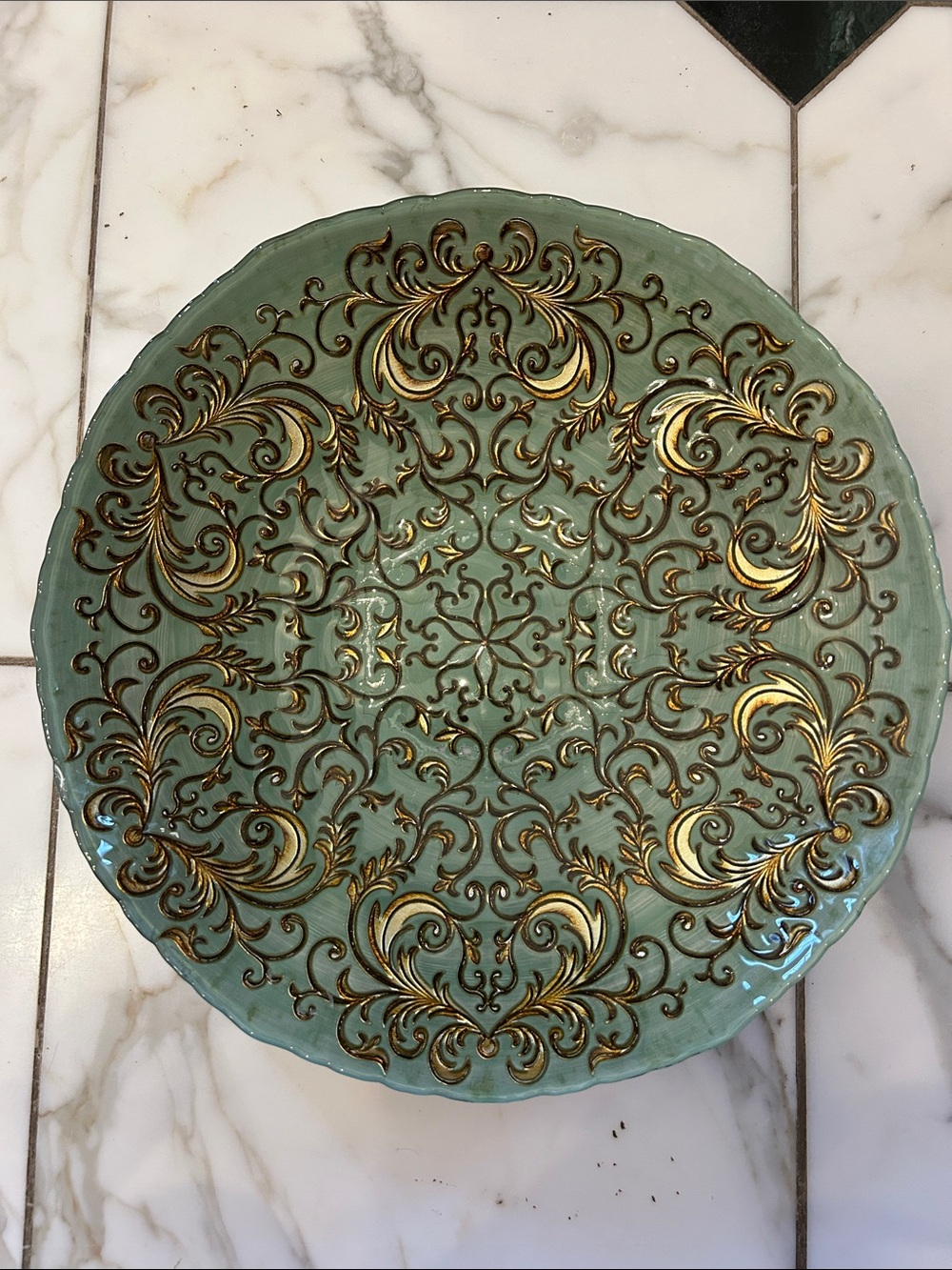 Decorative Green and Gold Ceramic Wall Plate - Home Art 13”